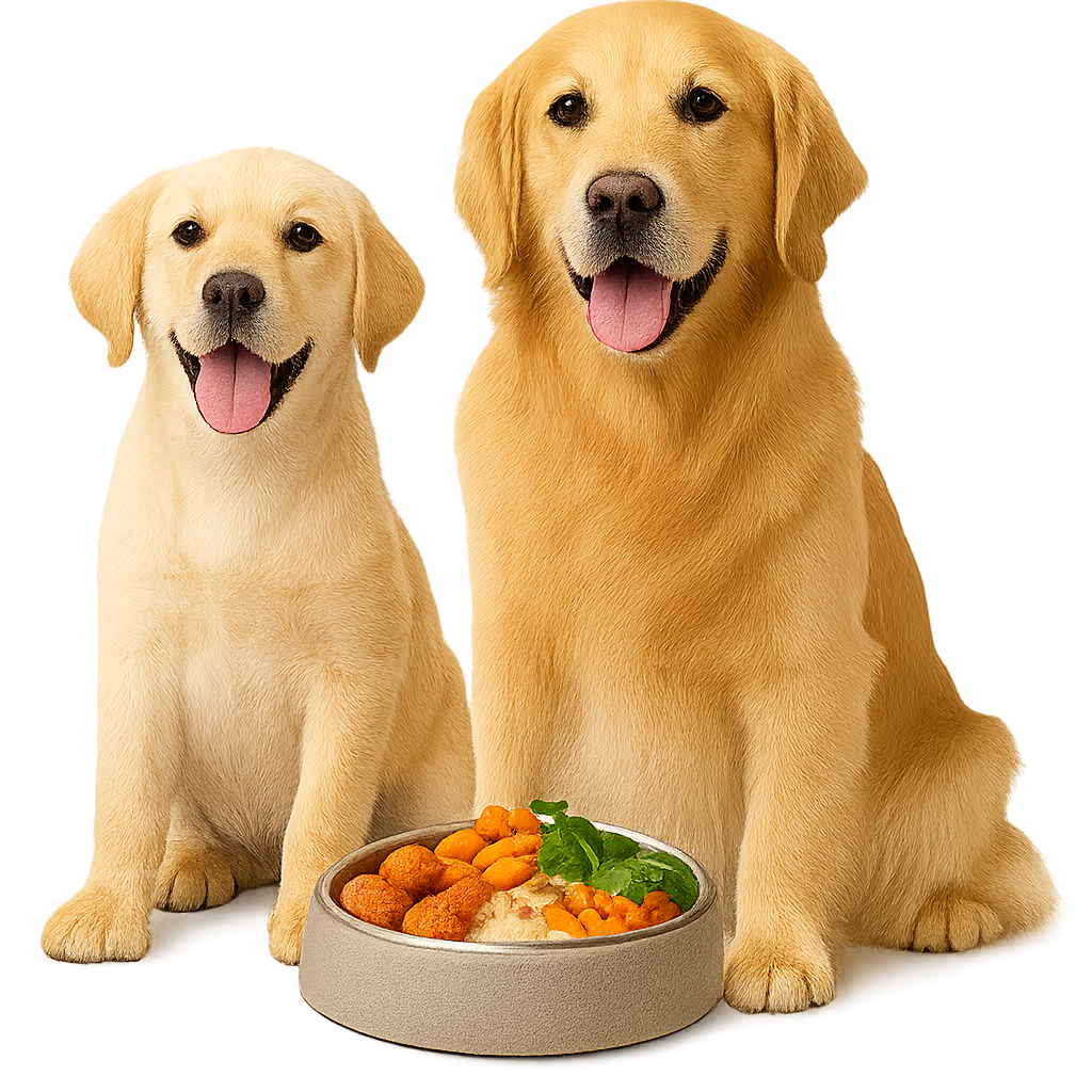 Two golden retriever dogs with healthy food bowl
